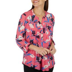 Womens Mesh Floral Print Pleated Henley 3/4 Sleeve Top