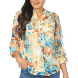 Womens  Print Pleat With Trim 3/4 Sleeve Top