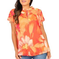 Womens Painted Floral Ruffle Short Sleeve Top