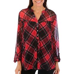 Juniper + Lime Womens Plaid Pleated Henley 3/4 Sleeve Top
