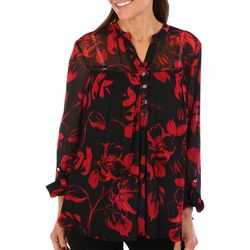 Womens Floral Print Pleated Henley 3/4 Sleeve Top