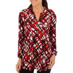 Juniper + Lime Womens Plaid 3/4 Sleeve Pleated Henley Top