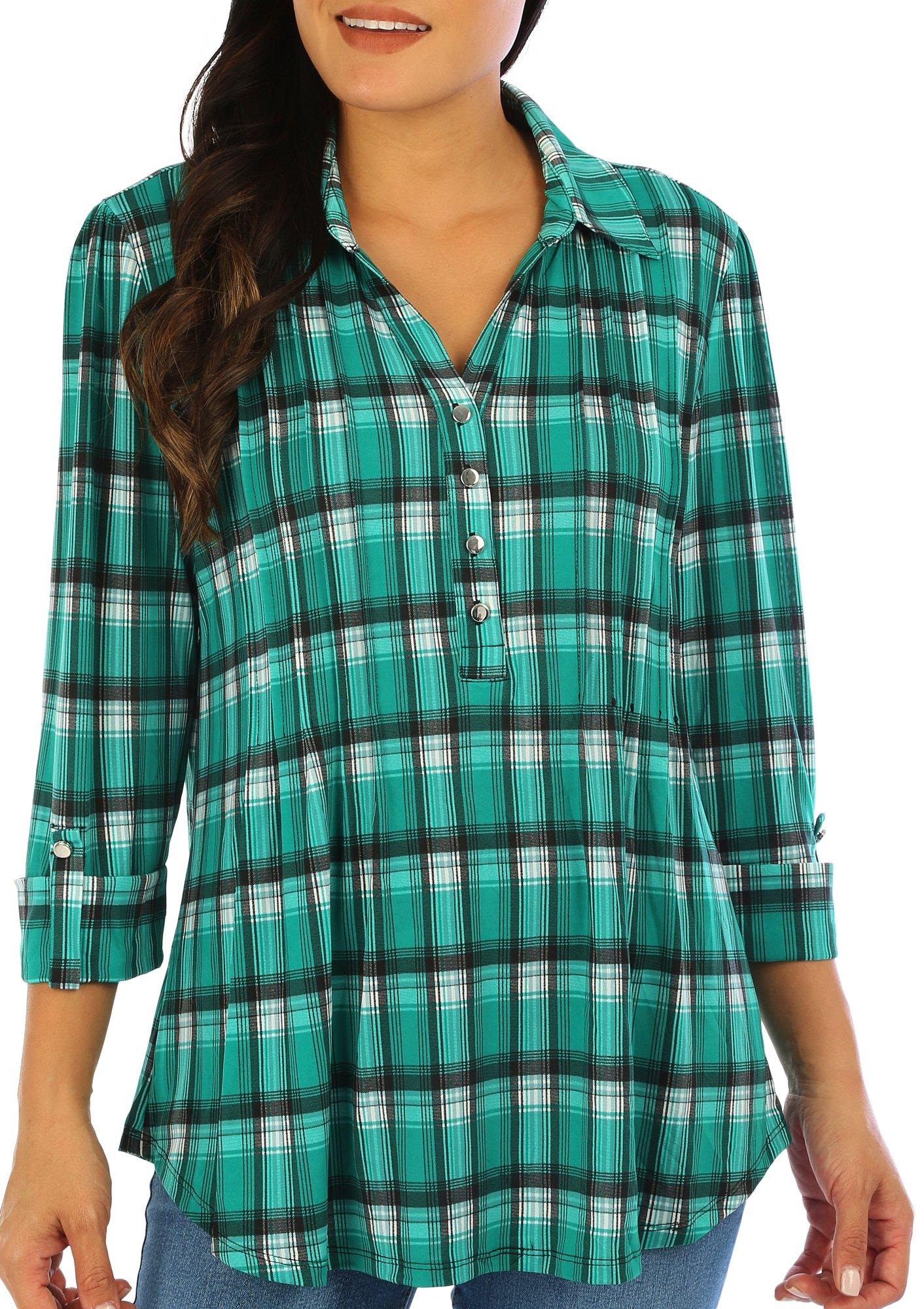 Juniper + Lime Womens Plaid Pleated 3/4 Roll Sleeve Top
