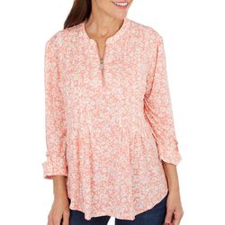 Womens Coral Floral Zip Placket Flutter Sleeve Top