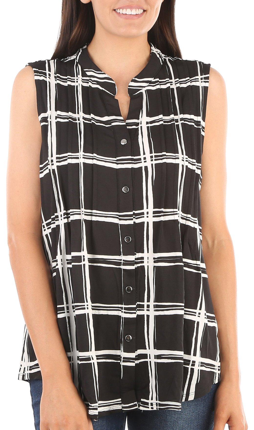 Womens Pleated Button Down Sleeveless Top