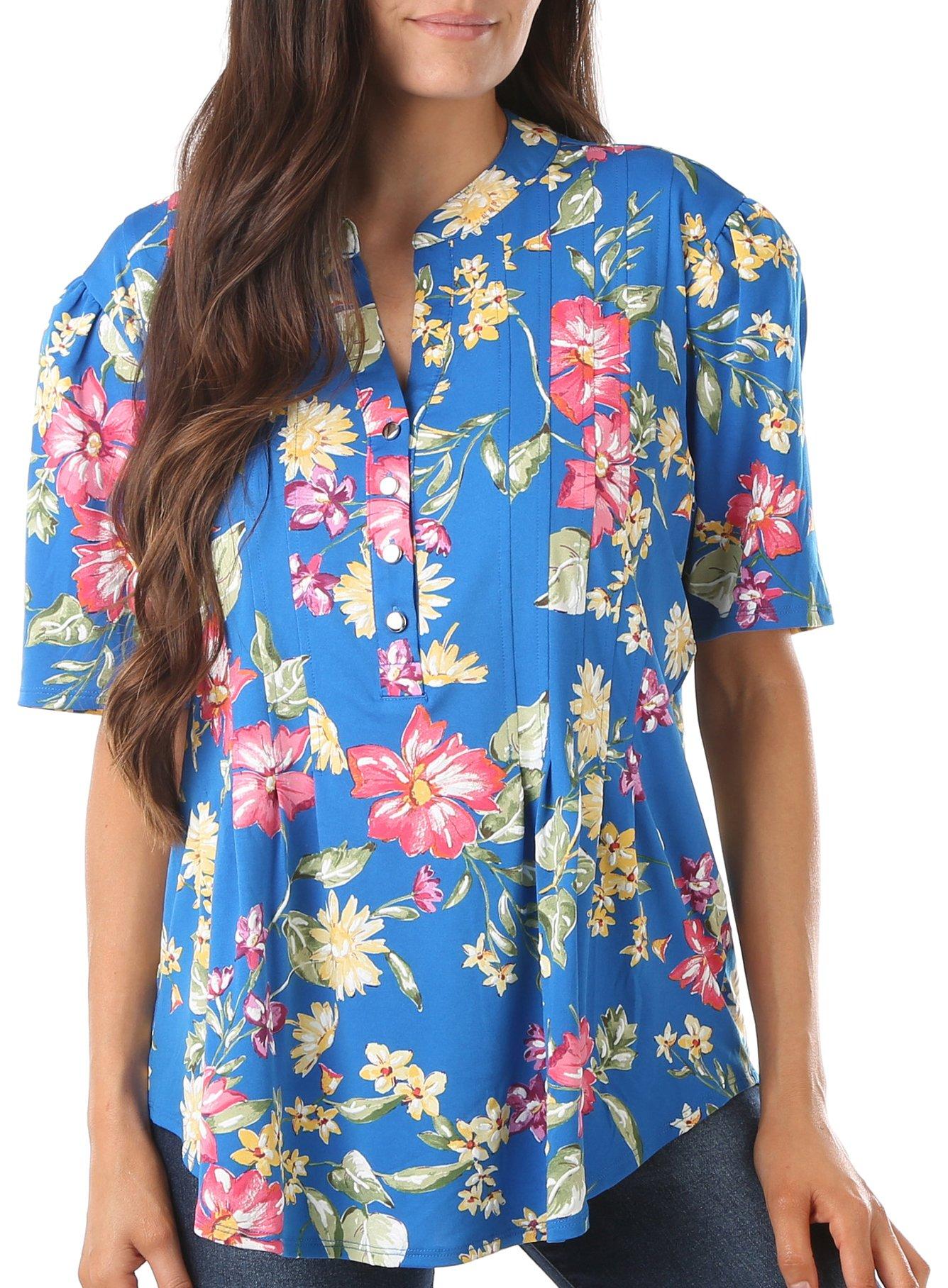 Womens Floral Pleated Puff Short Sleeve Top