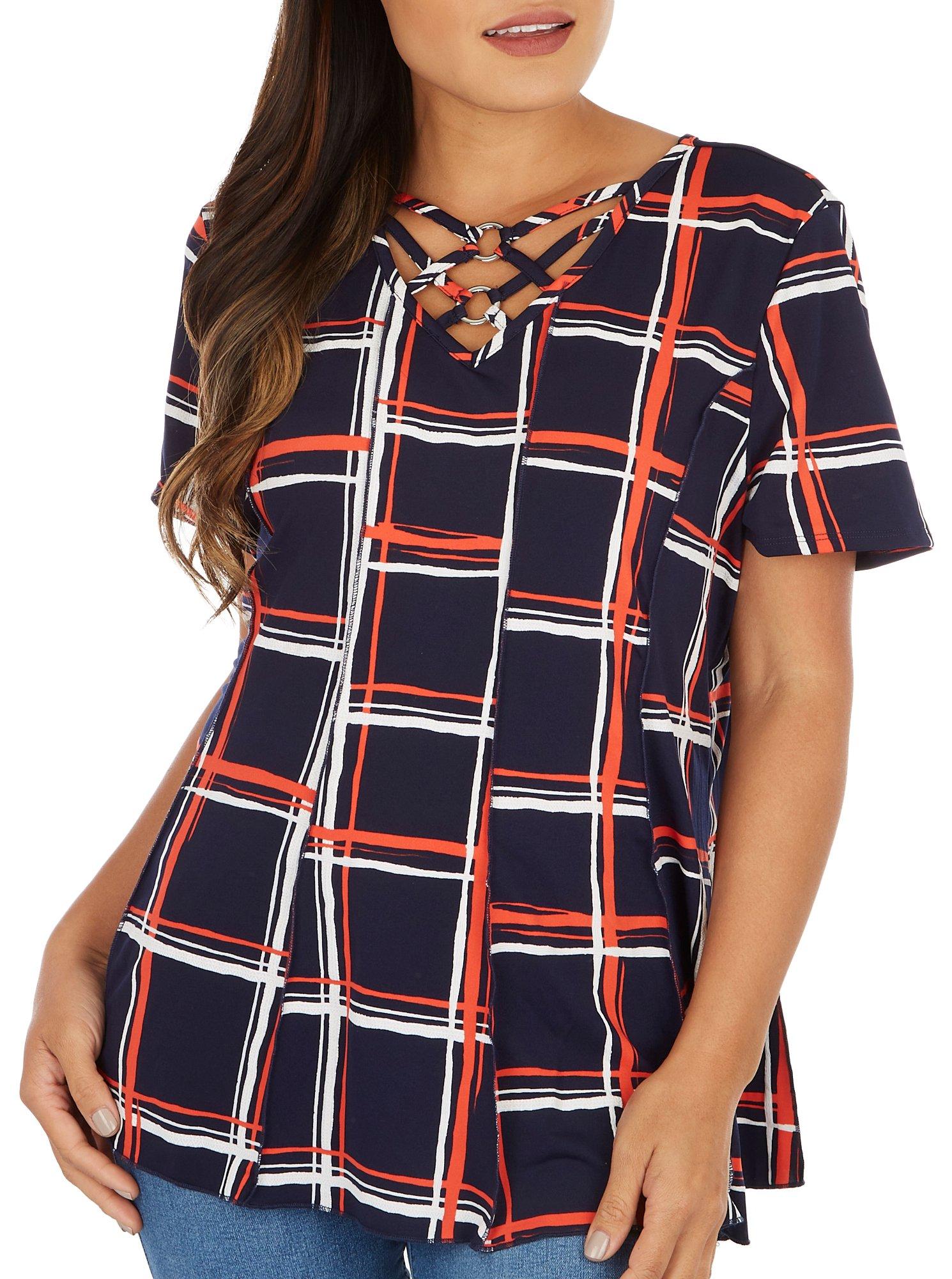 Womens Plaid Crisscross V-Neck Short Sleeve Top