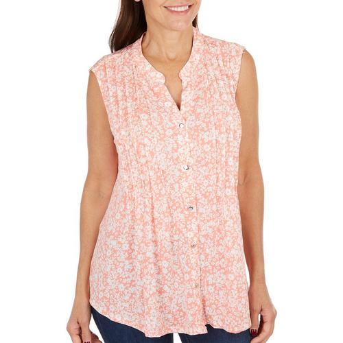Womens Floral Pleated Button Down Sleeveless Top