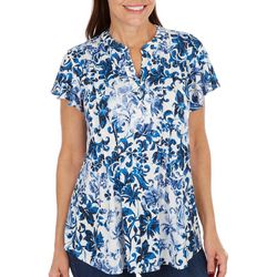 Womens Floral Lace Up Short Sleeve Top