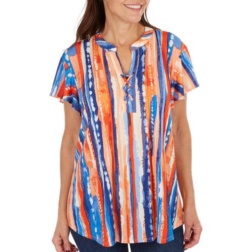 Womens Lace-Up Verical Stripe Print Short Sleeve Top