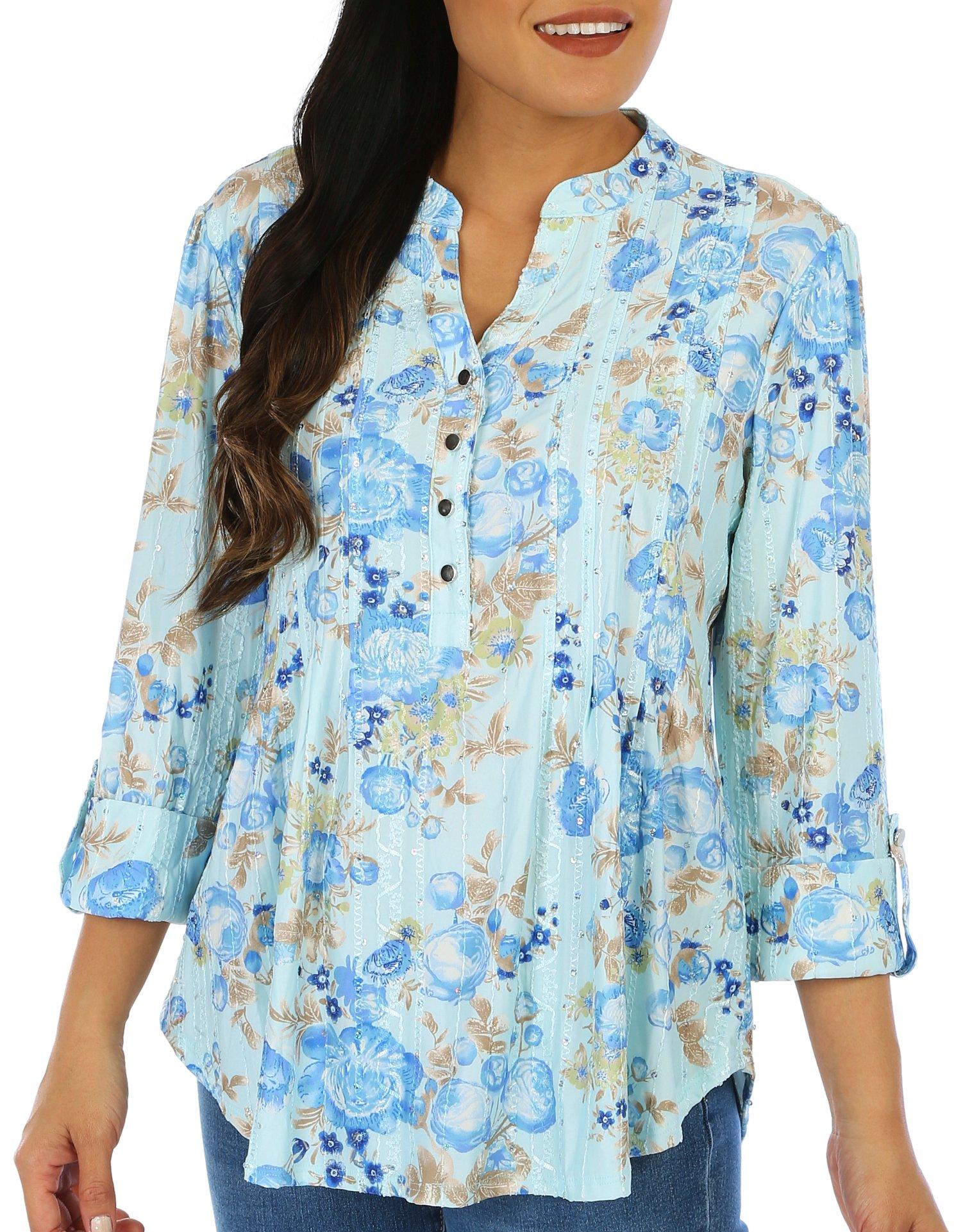 Coral Bay Womens Floral V-Neck 3/4 Sleeve Top