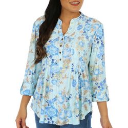 Coral Bay Womens Floral V-Neck 3/4 Sleeve Top