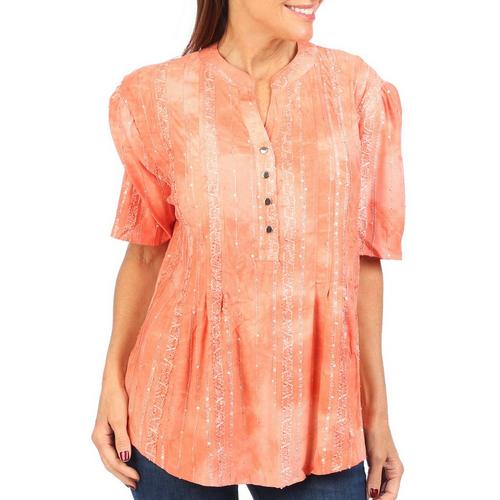 Coral Bay Womens Print Embellished Pleated Short Sleeve