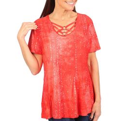 Coral Bay Womens Double O-Ring Embellished Short Sleeve Top