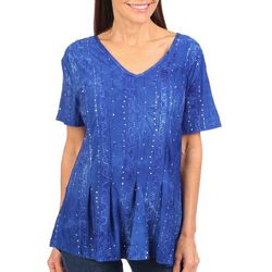 Womens Short Sleeve Embellished Pleated Top