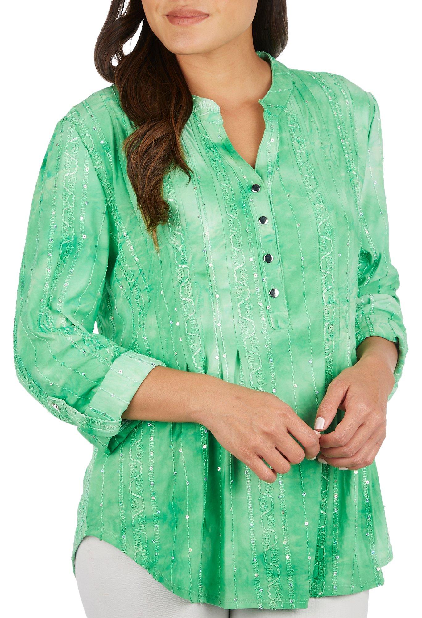 Coral Bay Womens Tie Dye Embellished Pleated 3/4 Sleeve Top