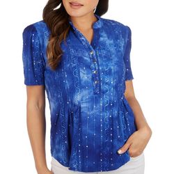 Coral Bay Womens Print Embellished Pleated Short Sleeve Top