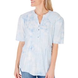 Coral Bay Womens Print Embellished Pleated Short Sleeve Top