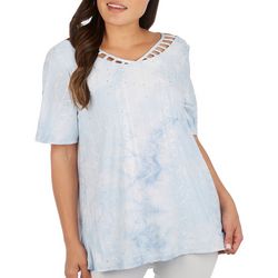 Coral Bay Womens Solid Embellished Cutout Short Sleeve Top