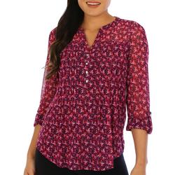Womens Pleated Mesh Floral 3/4 Sleeve Top