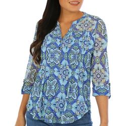 Womens Floral Pleat With Trim 3/4 Sleeve Top