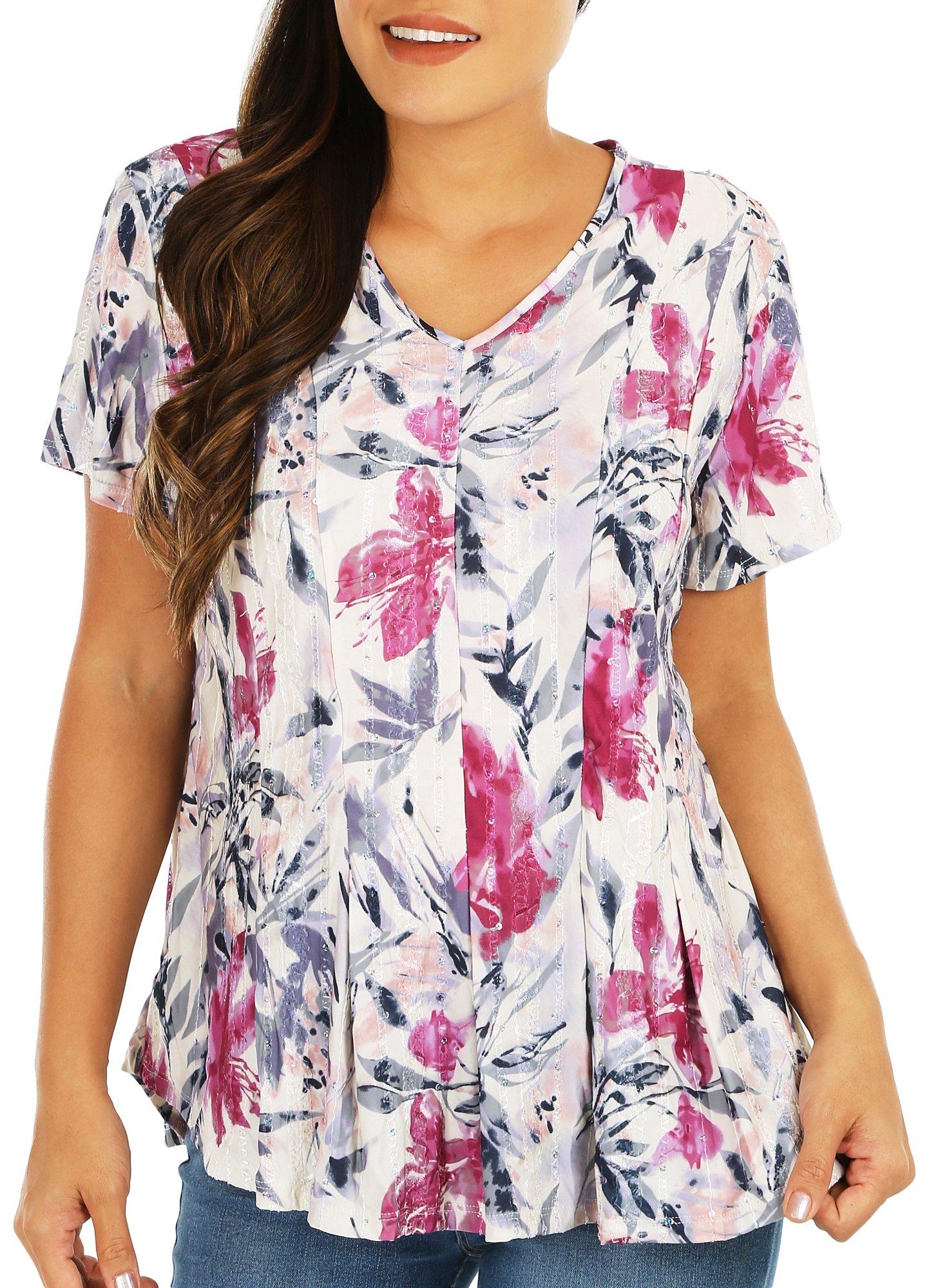 Coral Bay Womens Floral Embellished Pleated Short Sleeve
