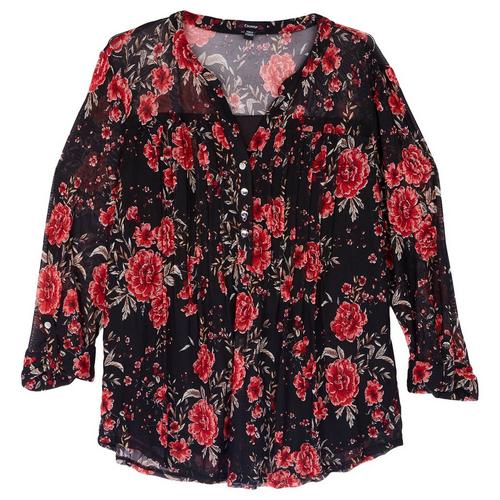 Cocomo Womens Floral Pleated Henley 3/4 Sleeve Top