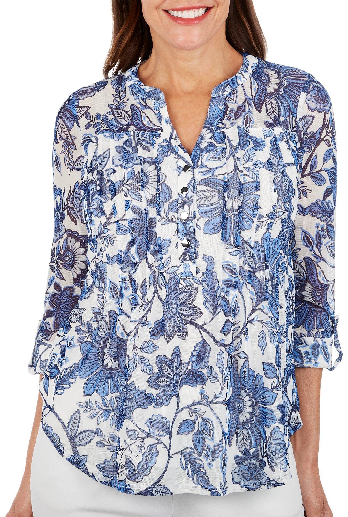 Womens Floral Paisley Pleated Mesh Henley 3/4 Sleeve Top