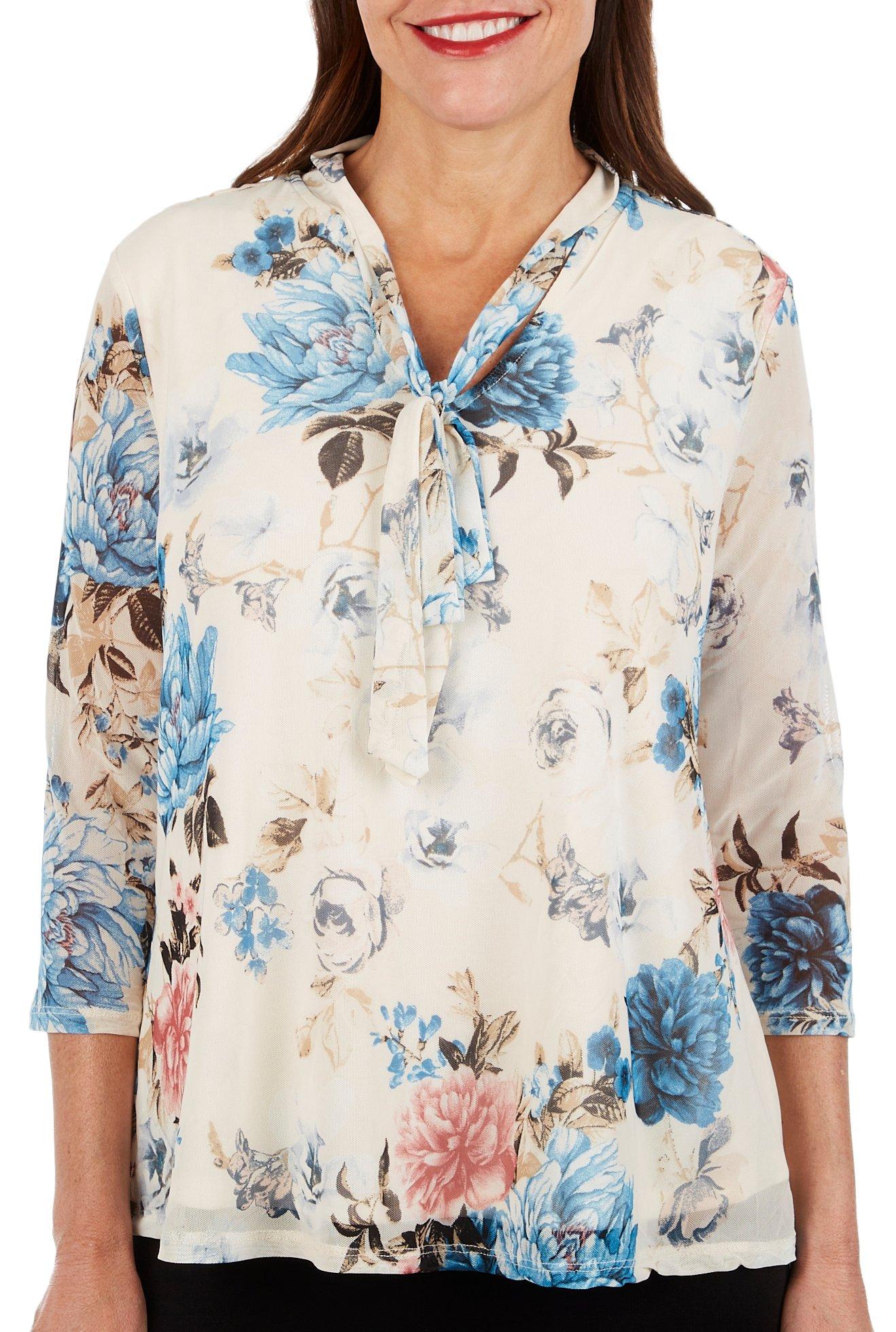 Cocomo Womens Floral Mesh Tie Neck 3/4 Sleeve Top
