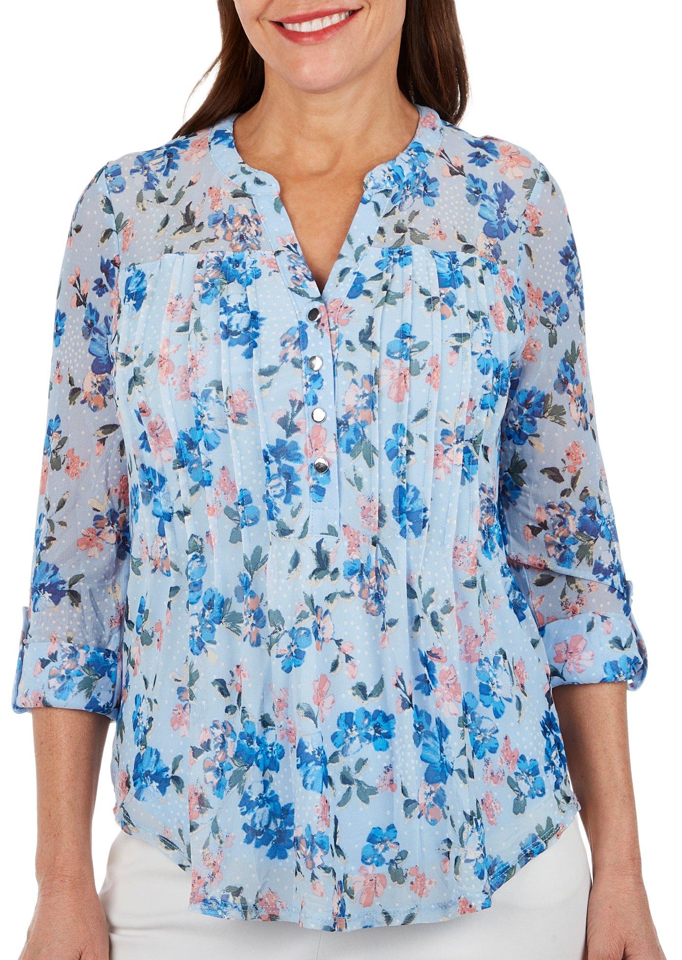 Womens Floral Dot Pleated Mesh Henley 3/4 Sleeve Top