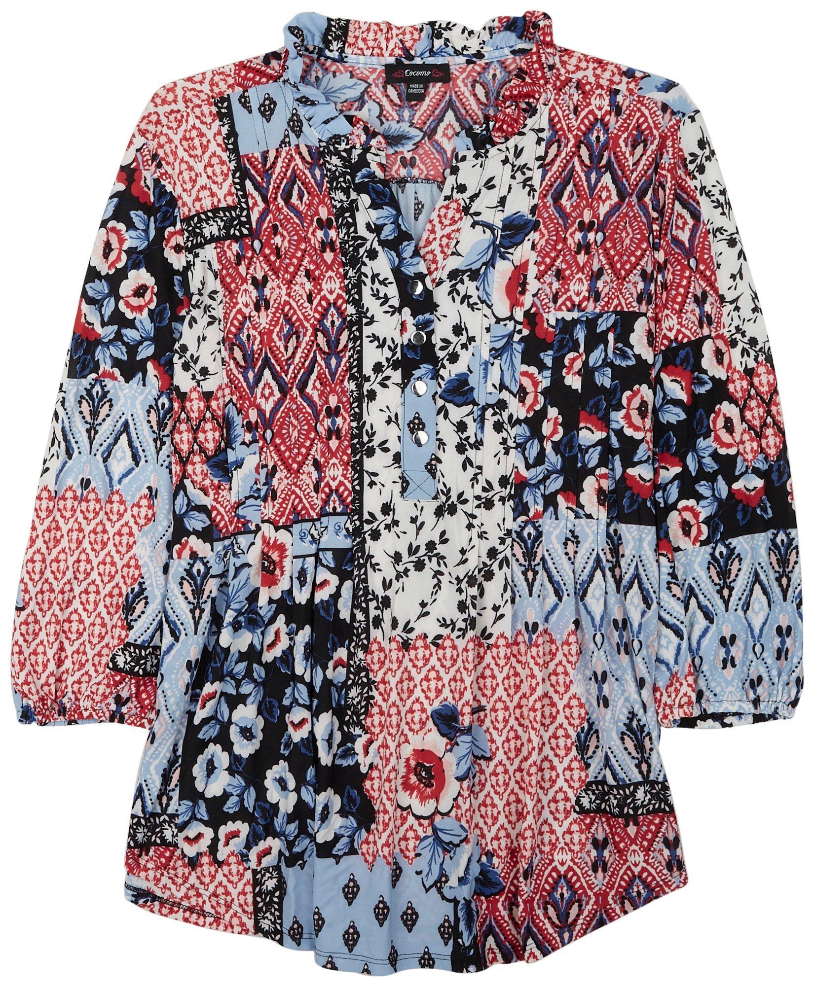 Cocomo Womens Floral Bandana Pleated Henley 3/4 Sleeve Top