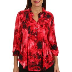 Cocomo Womens Floral Tie Dye Pleated Henley 3/4 Sleeve Top