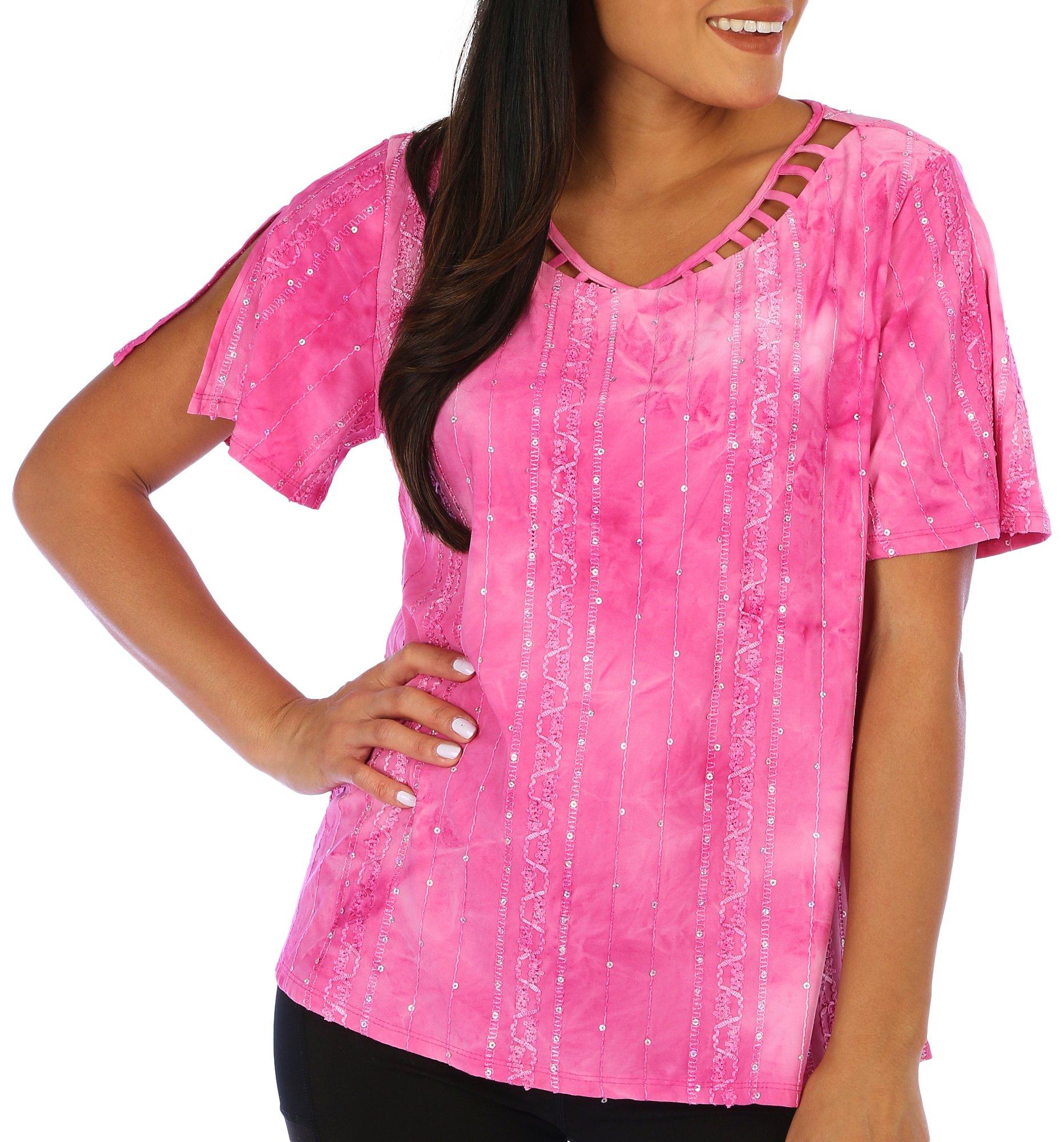 Womens Solid Embellished Cutout Short Sleeve Top
