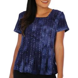 Womens Short Sleeve Embellished Square Neck Pleated Top