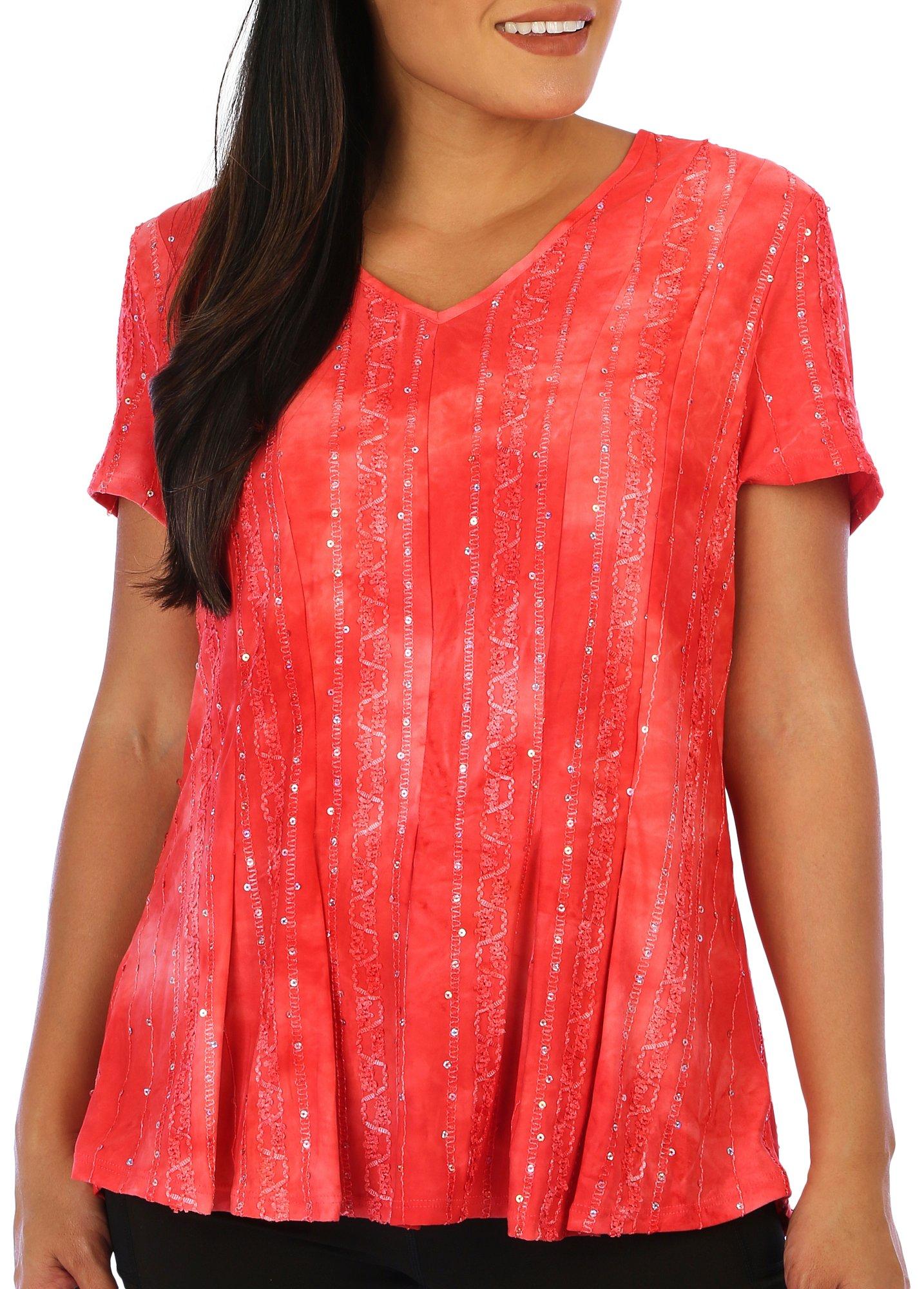 Coral Bay Womens Short Sleeve Embellished Pleated Top