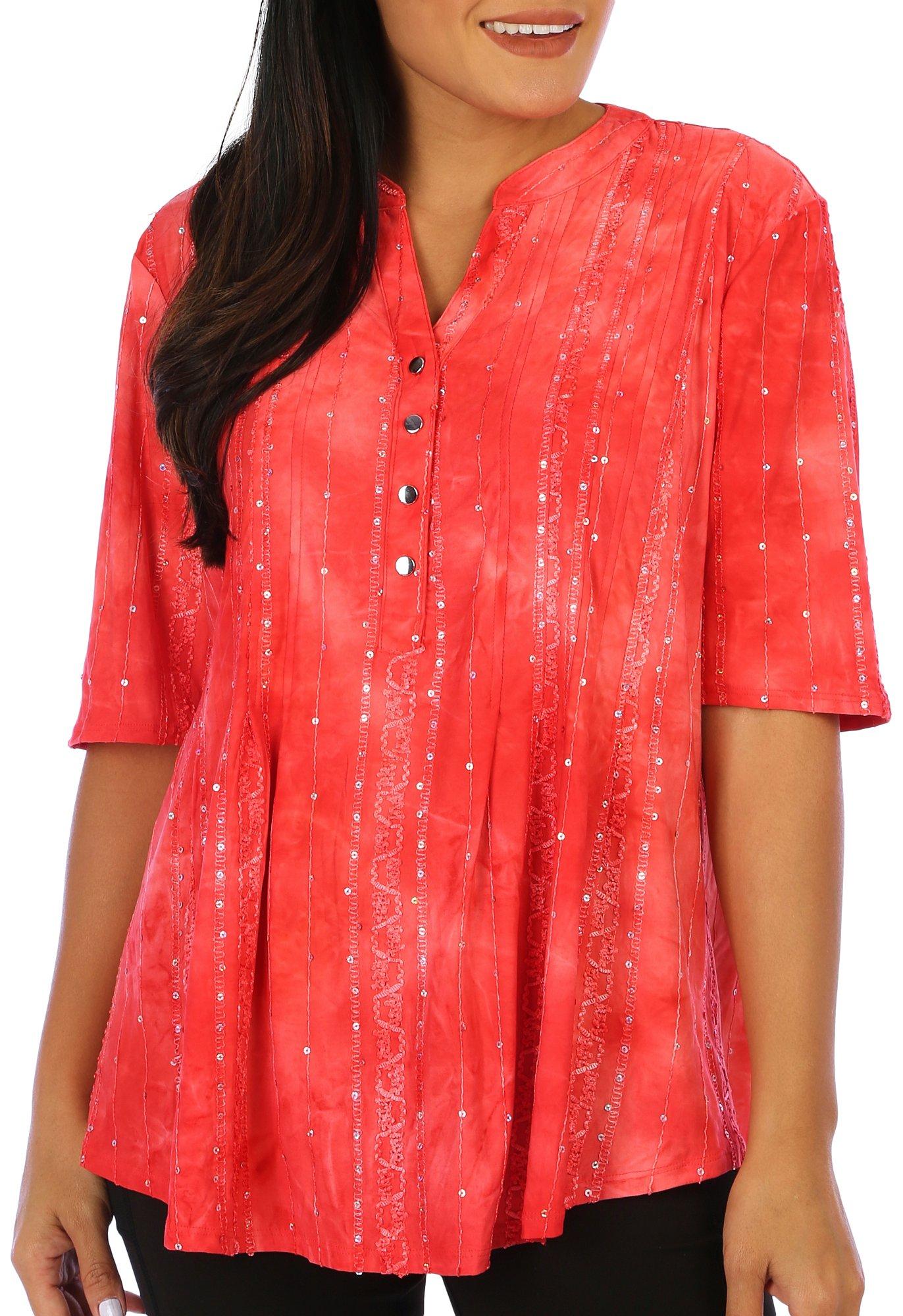 Coral Bay Womens Short Sleeve Embellished Henley Top