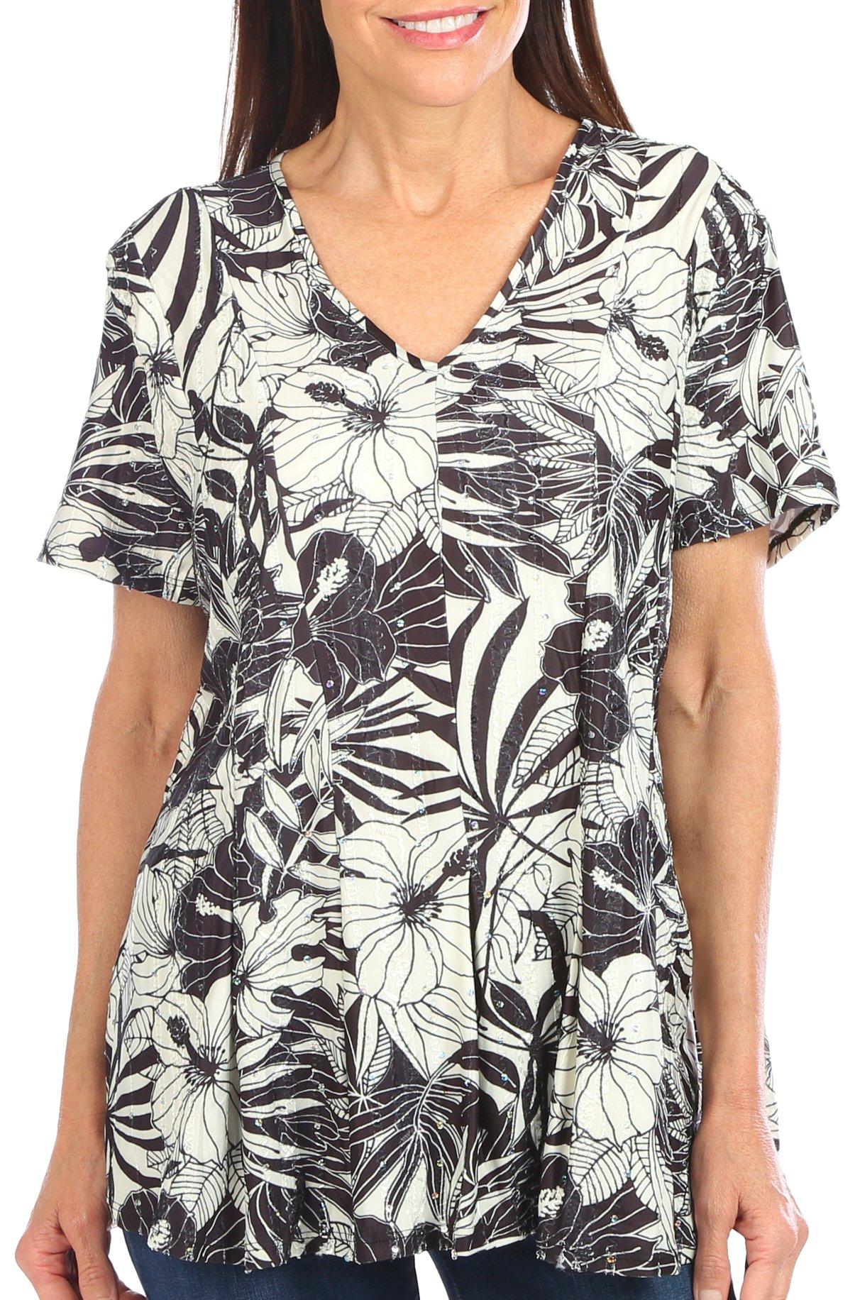 Coral Bay Womens Print Short Sleeve Pleated Top