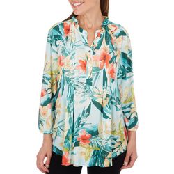 Juniper + Lime Womens Floral Print Pleated 3/4 Sleeve Top