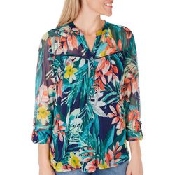 Womens Floral Print Pleated Mesh Henley 3/4 Sleeve Top