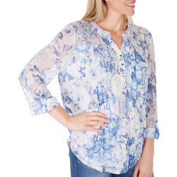 Womens Floral Pleated Henley Mesh 3/4 Sleeve Top
