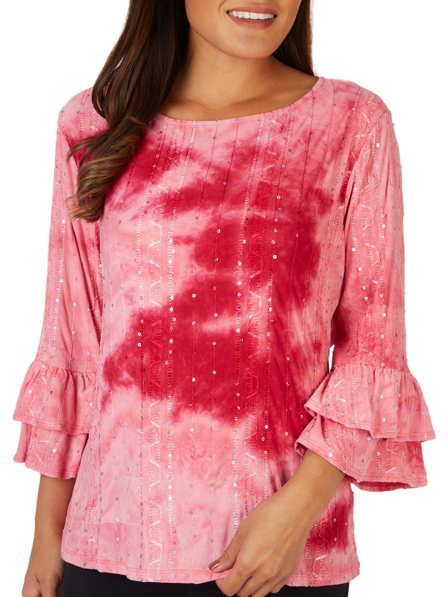 Womens Embellished Ruffle Cuff 3/4 Sleeve Top