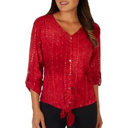 Womens Embellished Tie Front 3/4 Sleeve Top
