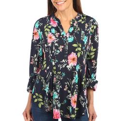 Womens Floral Pleated Henley 3/4 Sleeve Top