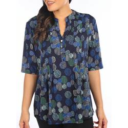 Womens Dots Short Sleeve Pleated Henley Top