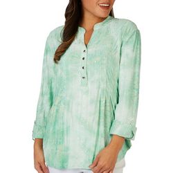 Womens Solid Embellished Pleated Button Gomez 3/4 Sleeve Top