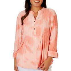 Womens Solid Embellished Pleated Button Gomez 3/4 Sleeve Top