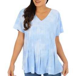 Coral Bay Womens Short Sleeve V-Neck Flare Pleated Top