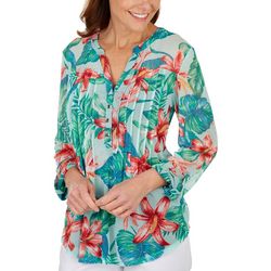 Coral Bay Womens Print Mesh  3/4 Sleeve Top