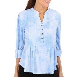Womens 3/4 Roll Tab Embellished Pleated Henley Top