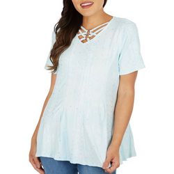 Coral Bay Womens O-Ring Crisscross Pleated Short Sleeve Top
